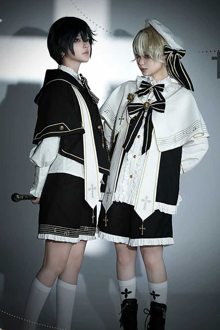 White [The Choir of The Church] Long Sleeves Bow Chain-Decorated Gothic Ouji Lolita Set - Product - 4