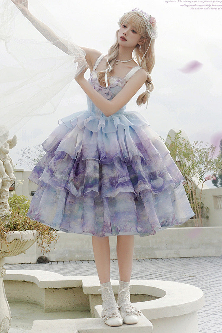 Multi-Color Three-layer Swan Lake Print Oil Painting Ruffle Bowknot Sweet Lolita Jsk Dress - Product - 3