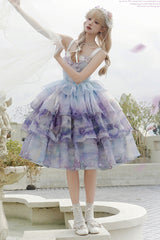 Multi-Color Three-layer Swan Lake Print Oil Painting Ruffle Bowknot Sweet Lolita Jsk Dress - Product - 3