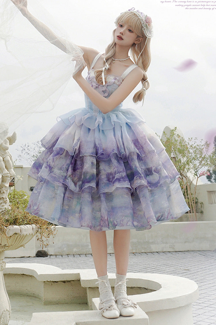 Multi-Color Three-layer Swan Lake Print Oil Painting Ruffle Bowknot Sweet Lolita Jsk Dress - Product - 3