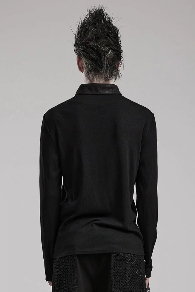 Black Lapel Collar Long Sleeves Stitching Mens Steampunk T-Shirt - Product - 3