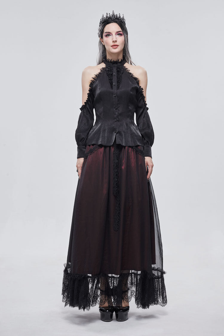 Black Lantern Sleeves Off The Shoulder Halter Lace Ruffled Women's Gothic Shirt - Product - 2