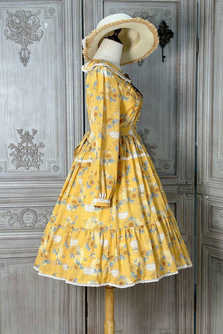 Yellow [Gardening Sunflower] Long Sleeves Print Ruffle Bowknot Sweet Elegant Lolita Dress - Product - 8