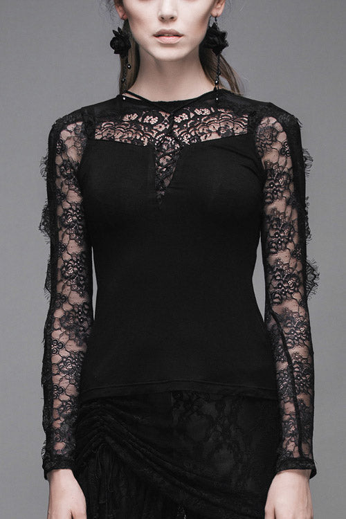 Black Sexy Lace Pattern Long Sleeves Gothic Womens T-Shirt - Black - 1