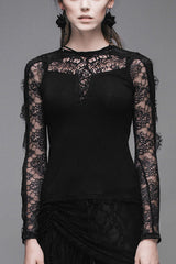 Black Sexy Lace Pattern Long Sleeves Gothic Womens T-Shirt - Black - 1