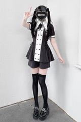 Black/White [Offbeat Confession] Long Short Sleeves Printed Ruffled Bow Gothic Jirai Kei Japanese Dress and Shorts Set - Product - 9