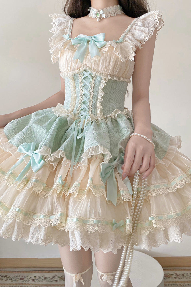 Green [Flory Butterfly] Double-Layered Ruffle Bowknot Lace Lace-Up Sweet Ballet Lolita Jsk Dress - Product - 3