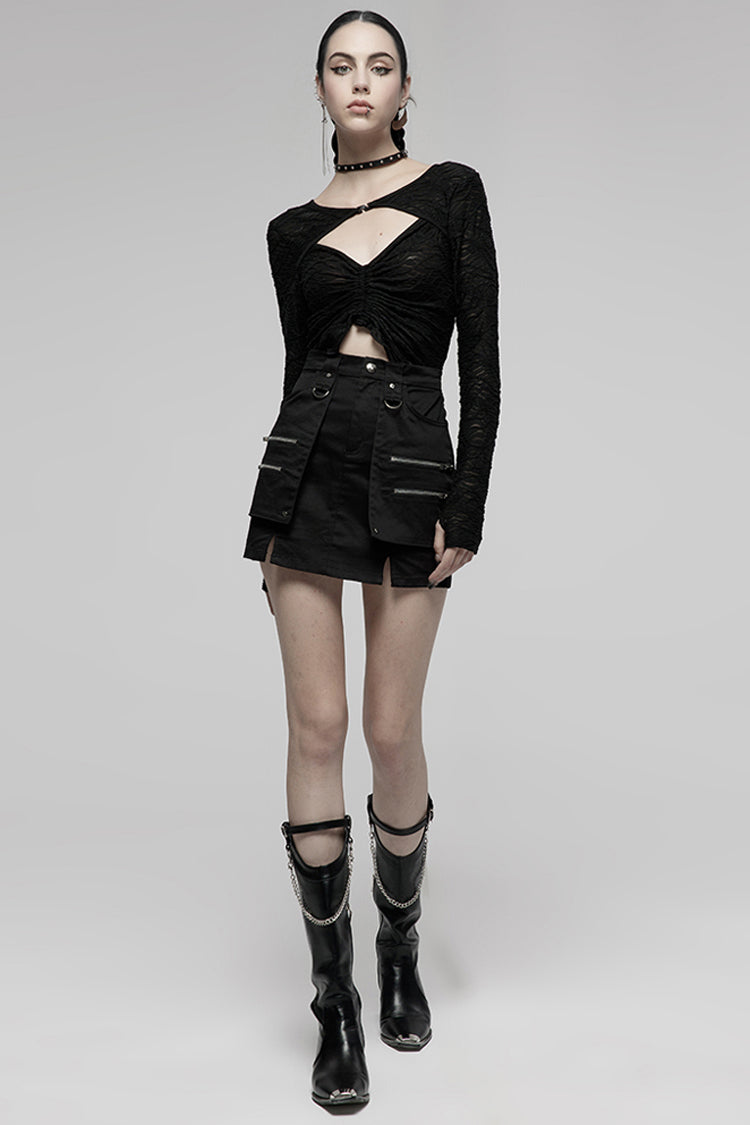 Black Heavy Industrial Hem Slit Design Multi-Pocket Zipper Trim Sexy Women's Punk Mini Skirt - Product - 4