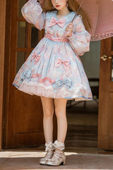 Pink/Blue Doll Collar Long Sleeves Rabbit Candy Paper Print High Waisted Sweet Lolita OP Dress - Pink/Blue - 1