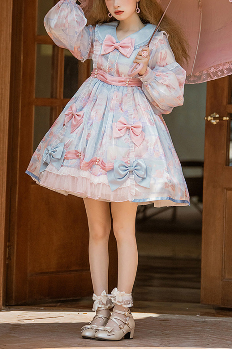 Pink/Blue Doll Collar Long Sleeves Rabbit Candy Paper Print High Waisted Sweet Lolita OP Dress - Pink/Blue - 1