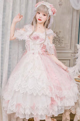 Pink [Glazed Phantom] Off Shoulder Ruffle Hanayome Bowknot Lace Sweet Elegant Lolita Dress - Pink - 1