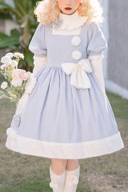 Blue Square Collar Short Sleeves Waist Bow Winter Star Sweet Lolita Dress - Blue - 1