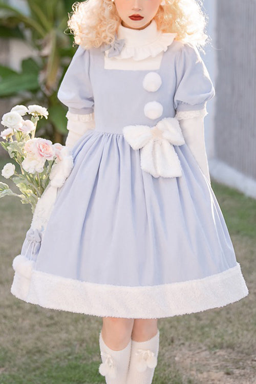 Blue Square Collar Short Sleeves Waist Bow Winter Star Sweet Lolita Dress - Blue - 1
