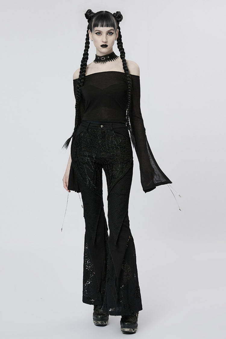 Black Stitching Lace Slim Women's Gothic Flared Pants - Product - 4