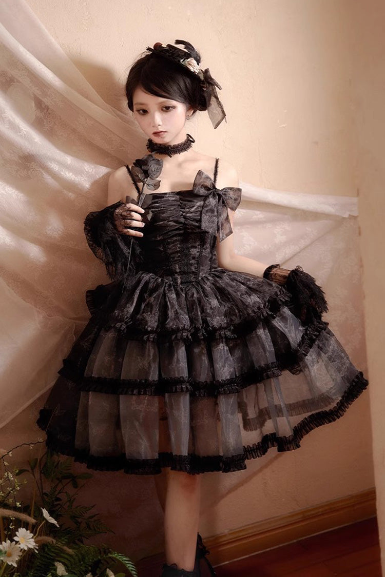 Black Multi-layer Butterfly Print Bowknot Lace Fish Bone Gothic Lolita Jsk Dress - Product - 4