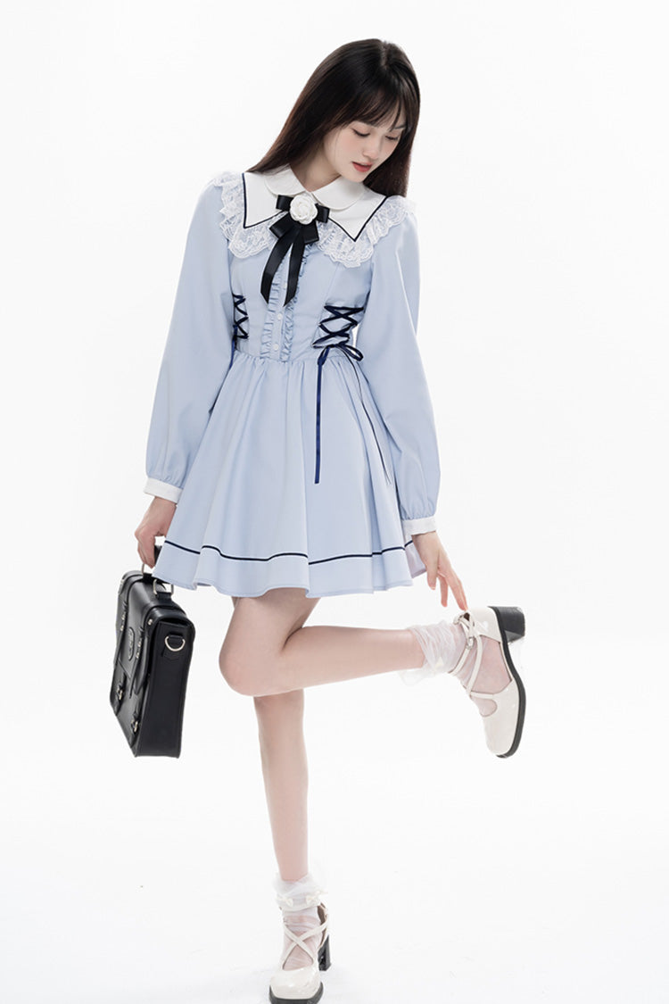 Blue Lapel Collar Long Sleeves Bowknot Lace-Up Jirai Kei Dress - Product - 3