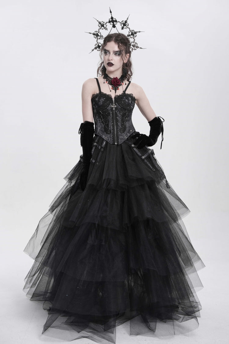 Black Sleeveless Embroidery Lace Chain Women's Gothic Vest - Product - 9