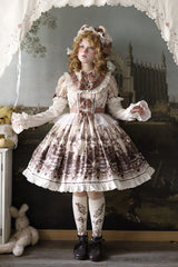 Brown [Teddy Bear Party] Round Collar Short Sleeves Printed Ruffled Bow Daily Sweet Lolita Dress - Product - 12