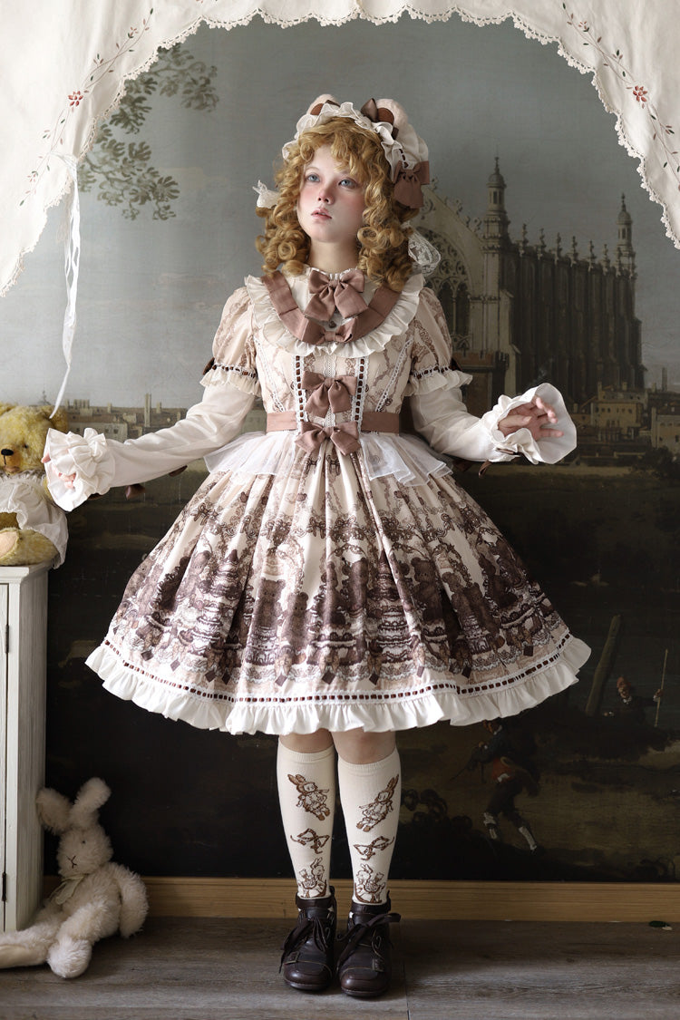 Brown [Teddy Bear Party] Round Collar Short Sleeves Printed Ruffled Bow Daily Sweet Lolita Dress - Product - 12