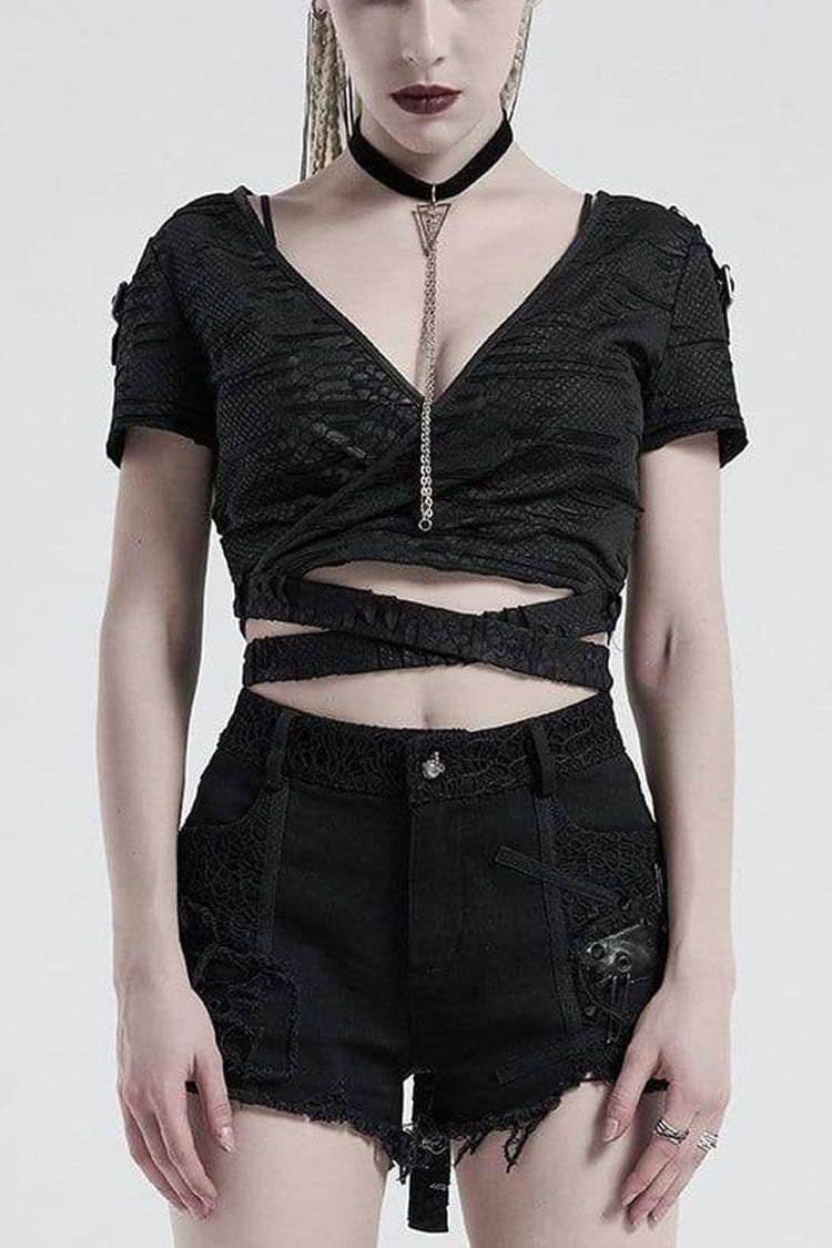 Black Knit V Neck Short Sleeve Back Waist Bandage Broken Holes Women's Punk T-Shirt - Black - 1
