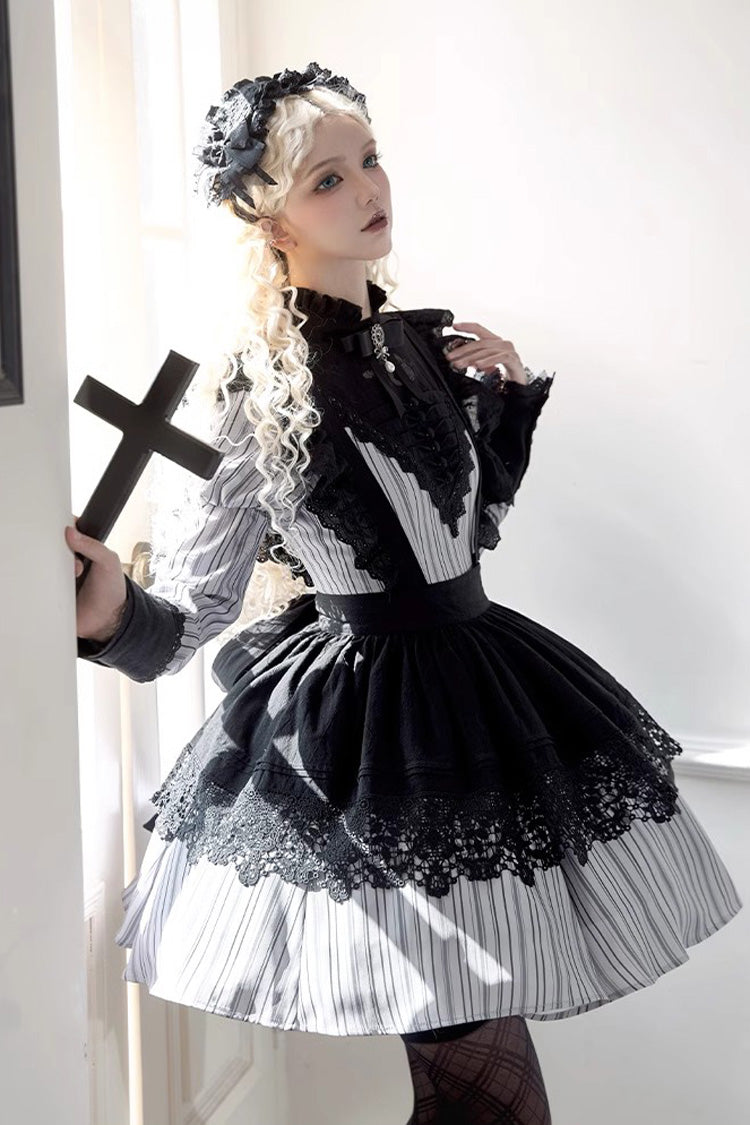 Light Grey [Nocturne] Vertical Stripes Print Ruffle Bowknot Lace Gothic Lolita Dress 2 Versions - Product - 10