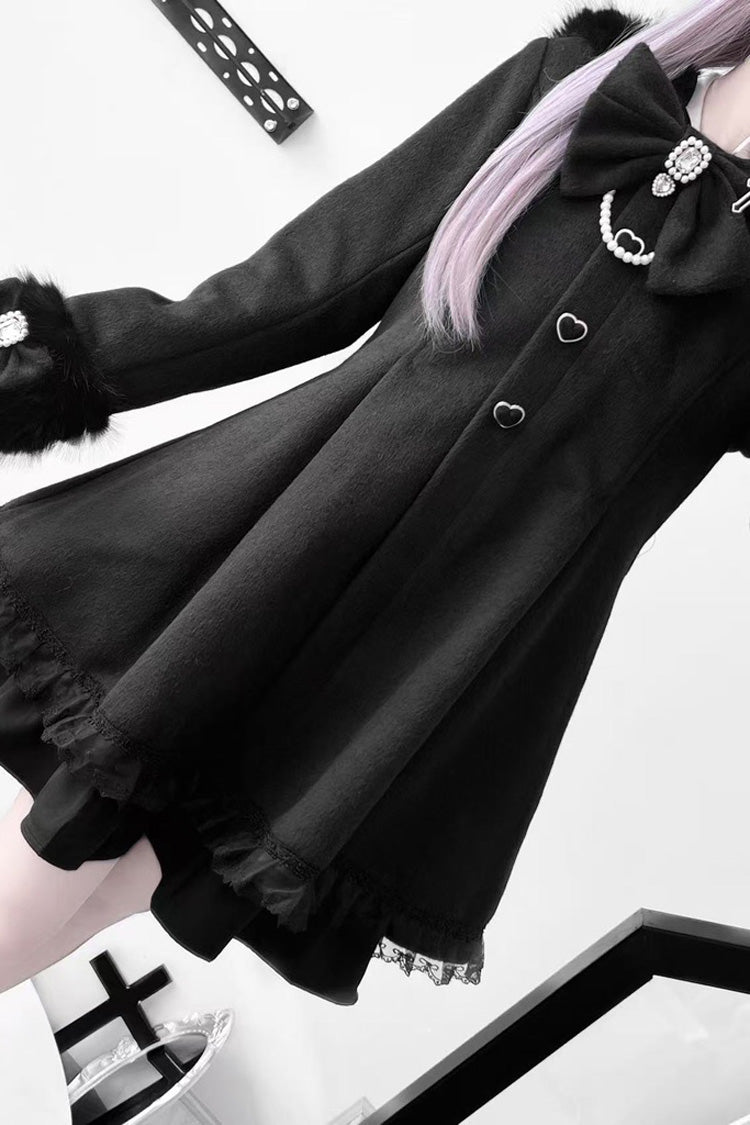 Black Long Sleeves Bowknot Rabbit Ears Detachable Hooded Japanese Jirai Kei Coat - Product - 8