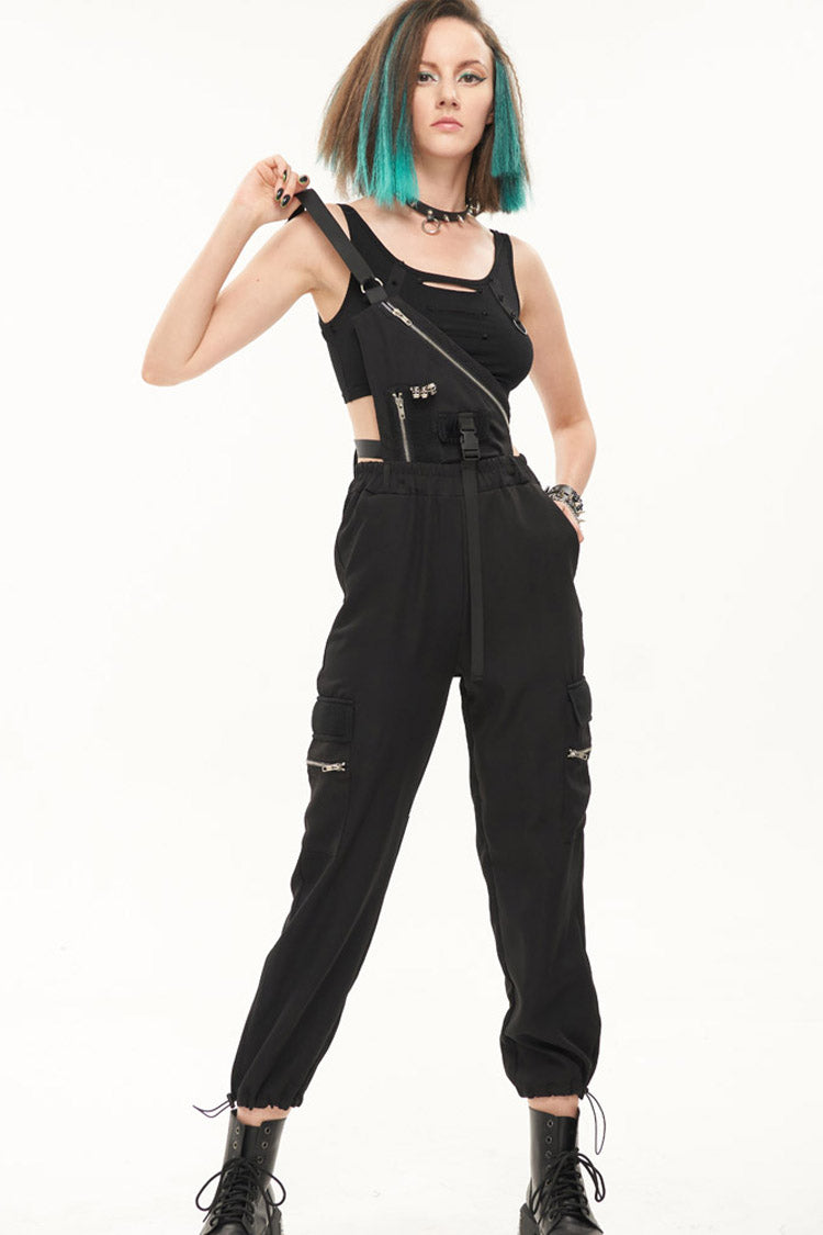 Black Punk Casual Single Shoulder Multiple Pockets Skull Head Decoration Strap Women's Pants - Product - 6