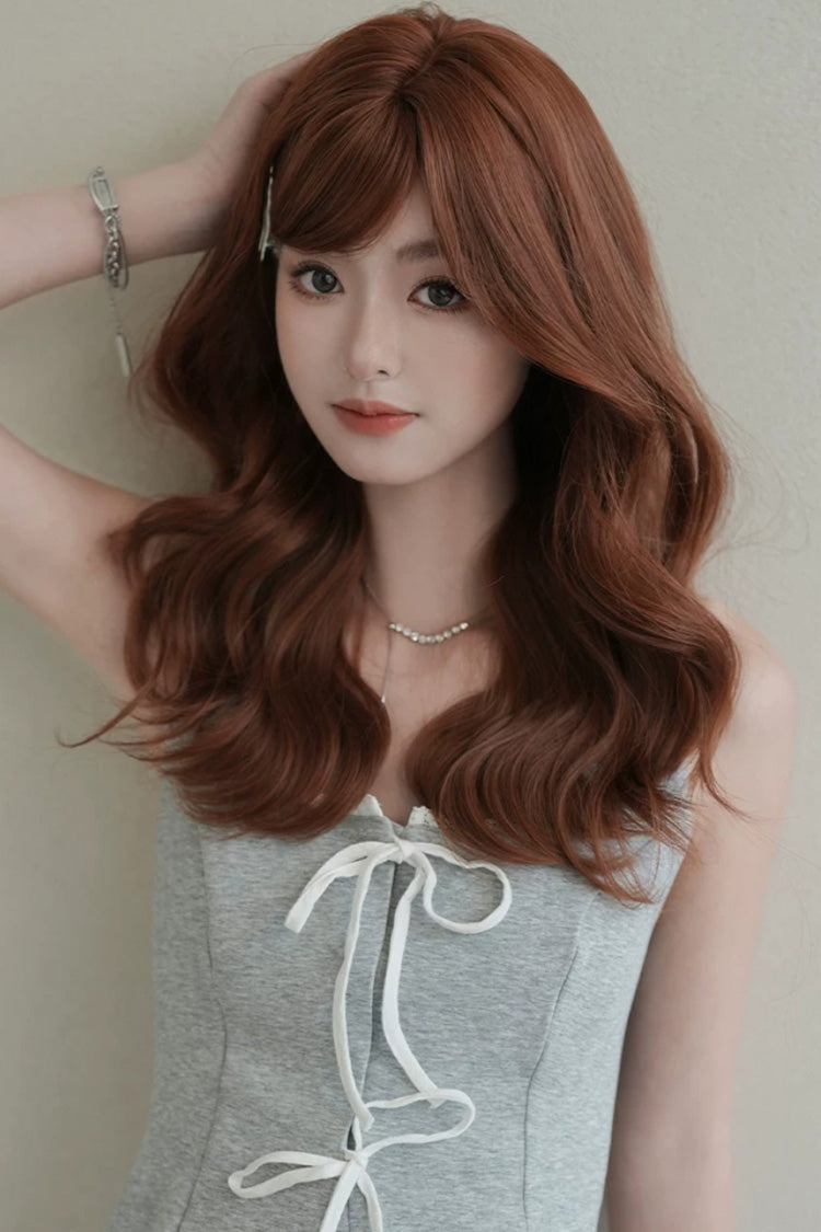 Sunset Orange Brown Natural Fluffy Medium Length Curly Sweet Lolita Wig with Side Bangs - Product - 7