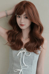 Sunset Orange Brown Natural Fluffy Medium Length Curly Sweet Lolita Wig with Side Bangs - Product - 7