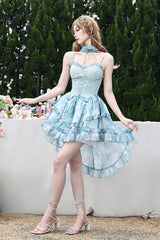 Blue [Mirrorless Dream] Double-Layered Tie-dyed Print Ruffle Bowknot Lace Train Sweet Lolita Jsk Dress - Product - 2