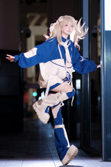 White/Blue [Zero-Type Transformation] Techwear Long Sleeves Embroidered Hooded Punk Jirai Kei Shorts Coat Set - Product - 2