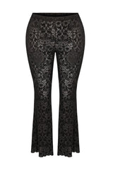 Black Plus Size Velvet Print Front Decals Knit Flare Women's Gothic Pants - Product - 5