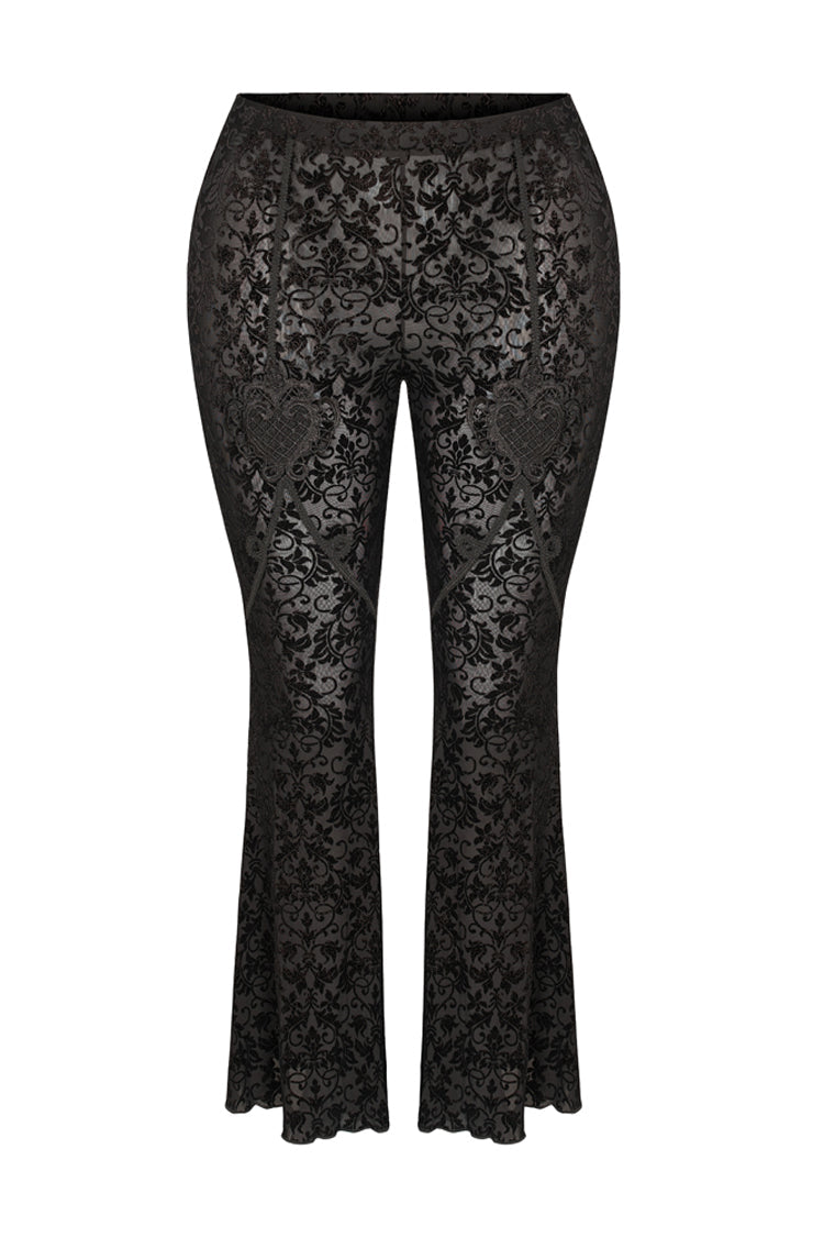 Black Plus Size Velvet Print Front Decals Knit Flare Women's Gothic Pants - Product - 5