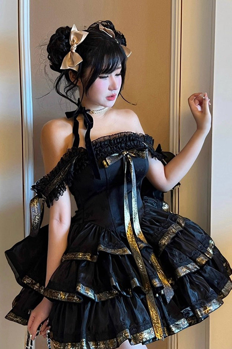 Black [Princess Ribbon] Off Shoulder Triple-Layered Ruffle Bowknot Sweet Lolita Dress - Product - 7