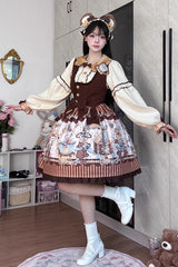 [Bear Cookies] Print Ruffle Bowknot Sweet Lolita JSK Dress 2 Colors - Brown/Beige - 3