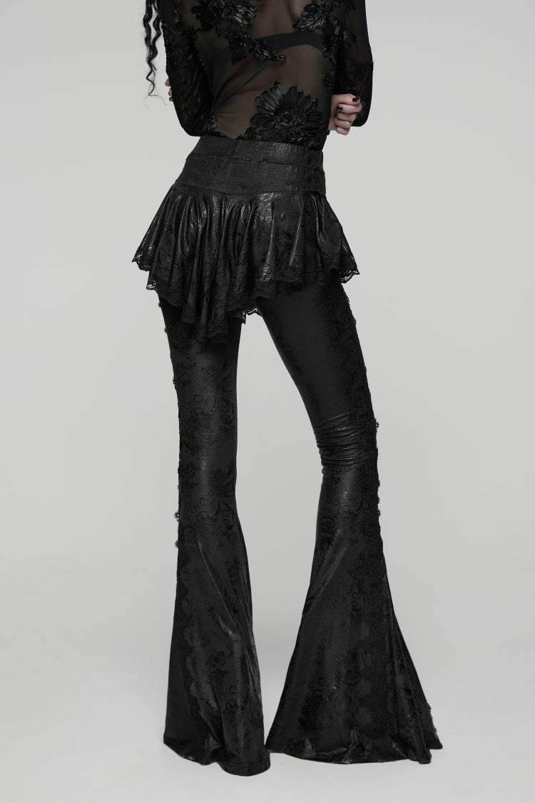 Black Printed Lace Slim Faux Two-Piece Women's Gothic Flared Pants - Product - 7