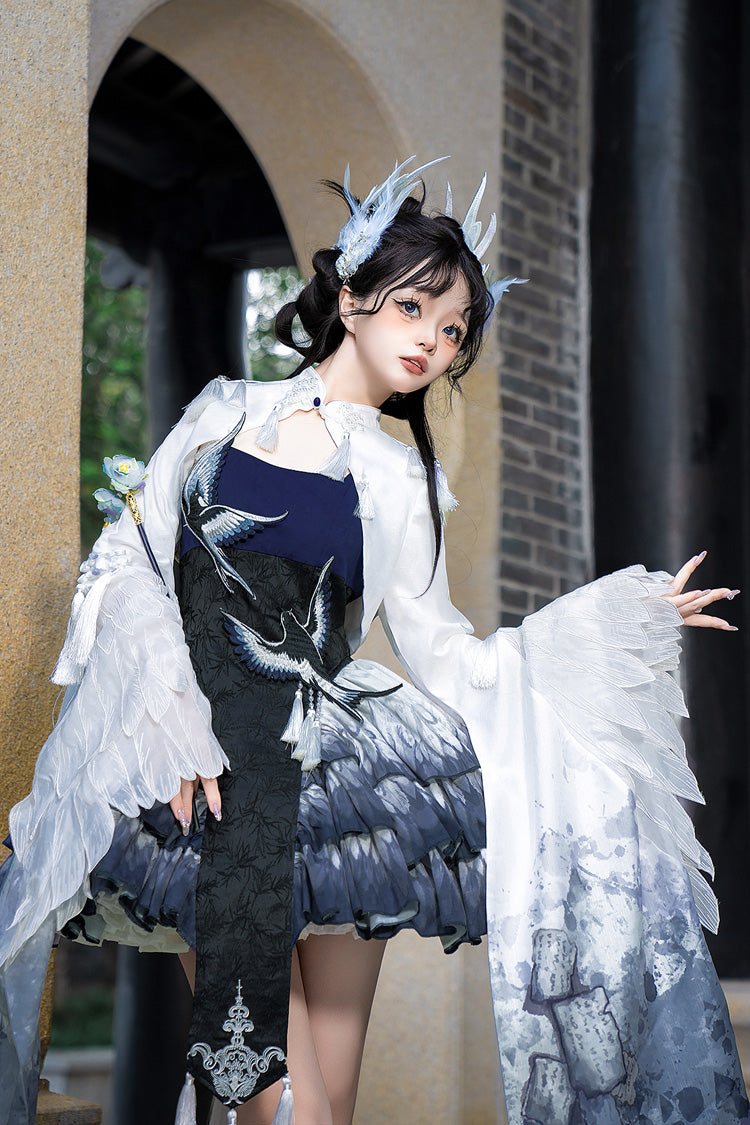 Dark Blue [Feathered Finch] Multi-Layered Print Ruffle Classic Chinese Style Lolita Jsk Dress Set - Product - 2