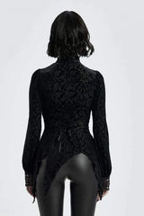Black High Collar Long Sleeves Floral Print Hollow Stitching Irregular Hem Womens Gothic Blouse - Product - 3