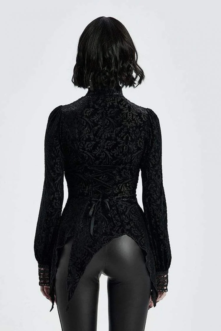 Black High Collar Long Sleeves Floral Print Hollow Stitching Irregular Hem Womens Gothic Blouse - Product - 3