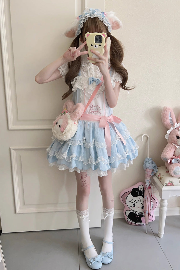 Blau, ärmellos, doppellagig, mit Rüschen, Kaninchen-Stickerei, Schleife, Spitze, süß (Kleid einzeln), Detailansicht 7
