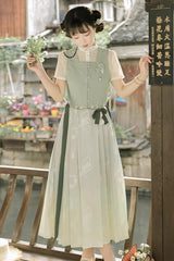 Green Round Collar Short Sleeves Embroidered Pearl Buttons Sweet Hanfu Dress Full Set - Product - 5