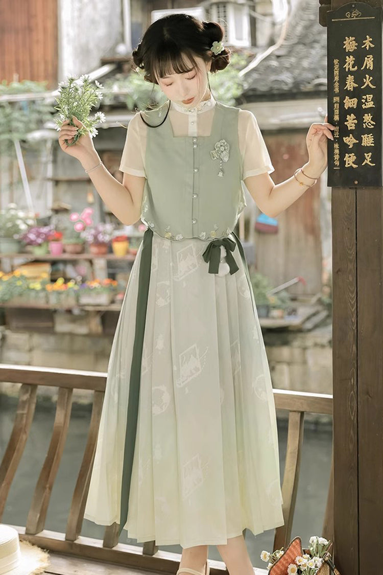 Green Round Collar Short Sleeves Embroidered Pearl Buttons Sweet Hanfu Dress Full Set - Product - 5
