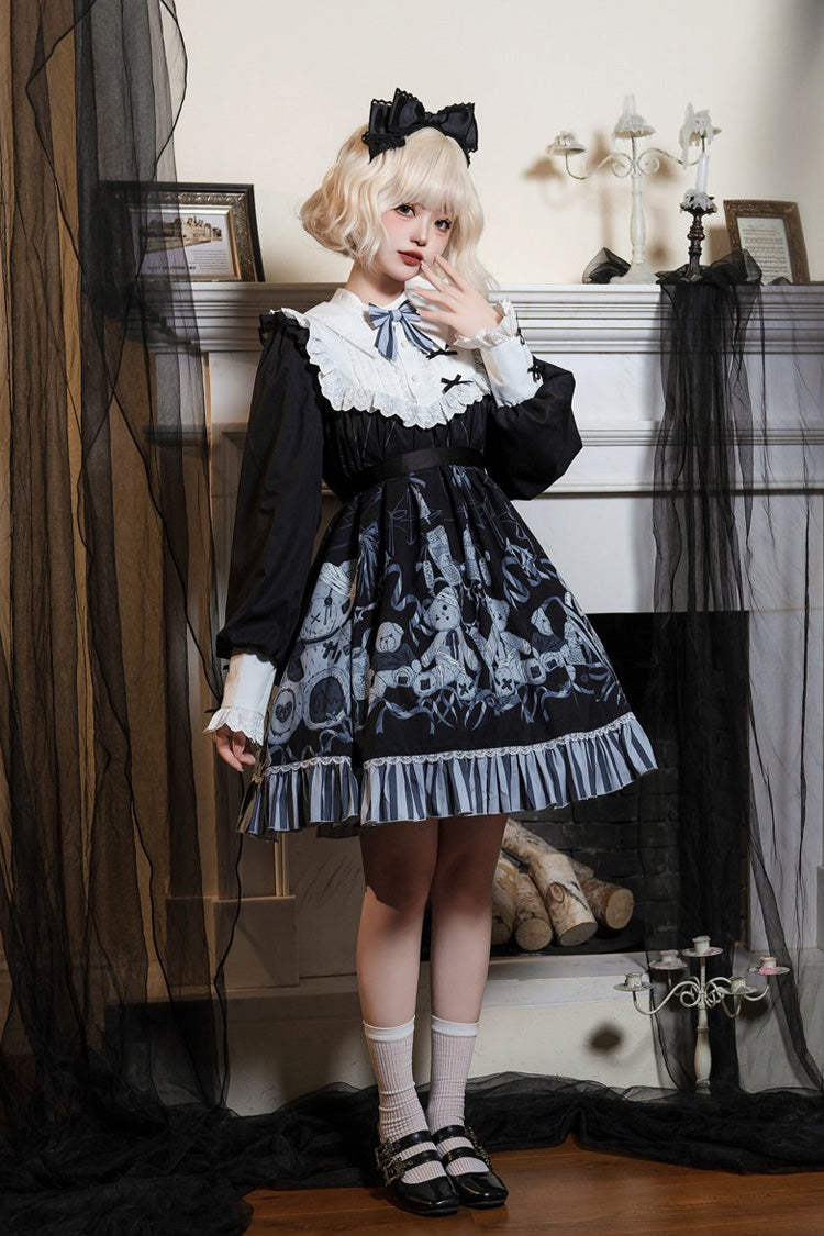 Black Long Sleeves Bear Printed Ruffled Bow Elegant Plus Size Gothic Lolita Dress - Product - 2