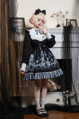 Black Long Sleeves Bear Printed Ruffled Bow Elegant Plus Size Gothic Lolita Dress - Product - 2