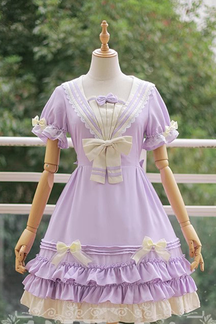 Rhine River Navy Style Short Sleeves Bowknot Sweet Lolita Dress 4 Colors - Light Purple - 3