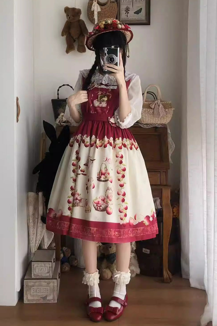 Red [Apple Basket] Sleeveless Printed Bow Sweet Lolita Jsk Dress - Product - 2