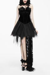 Black Gothic Wedding Strapless Feathered Sexy Velveteen Womens Dress With Rose Lace Tail - Black - 1