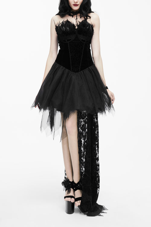 Black Gothic Wedding Strapless Feathered Sexy Velveteen Womens Dress With Rose Lace Tail - Black - 1