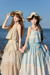 [Summer of Bluebells] Square Collar Sleeveless Jacquard Ruffled Asymmetric Sweet Lolita Skirt Set 2 Colors (Blue/Green, Ivory) - Product - 10