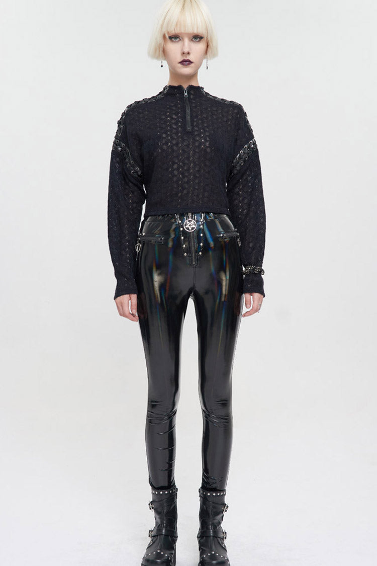 Black Wool Dropped Shoulders Perforated Sleeves Strap Connection Neck Zipper Loose Long Sleeve Women's Punk Sweater - Product - 8